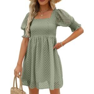 WEESO Womens Summer Puff Sleeve Square Neck Empire Waist Babydoll Dress, Small